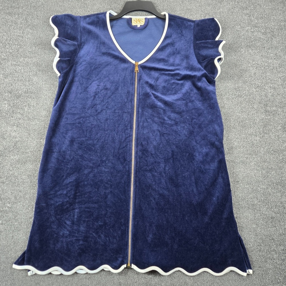 SYS The Label Velour Zip Front Dress Womens Medium Navy Scalloped Trim SKU123